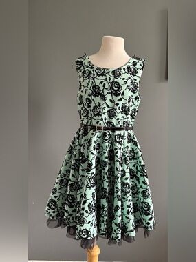 Knitworks Mint Green Dress with Velvet Black Rose Print